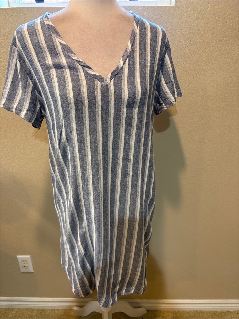 cloth & stone Blue and White Striped High-Low V-Neck Linen Blend Dress